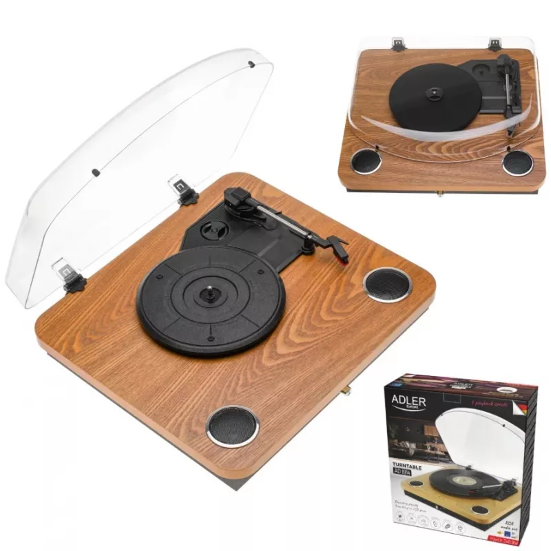 Adler AD 1914e gira-discos com USB, Bluetooth, 33 1/3 e 45 rpm, cápsula cerâmica, altifalantes integrados de 2x0,8 W, saída RCA