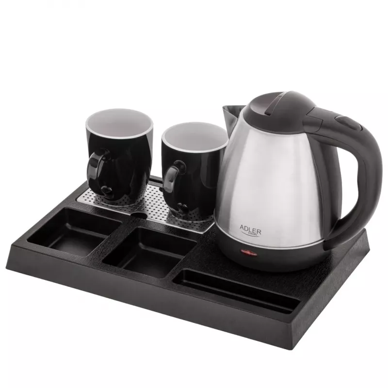 Adler AD 1354 chaleira de hotel em aço inoxidável 1,2 L + tabuleiro com chávenas preto, aço