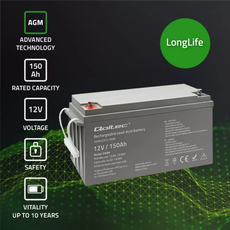 Bateria AGM Qoltec 53068 | 12V | 150Ah | máx. 2250A