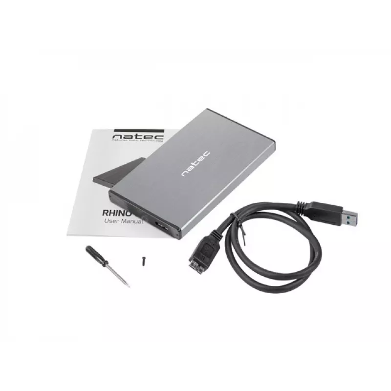 Caixa externa para HDD/SSD NATEC Rhino GO — 2,5 polegadas SATA, 9,5 mm, USB 3.0, alumínio, cinzento, até 4 TB