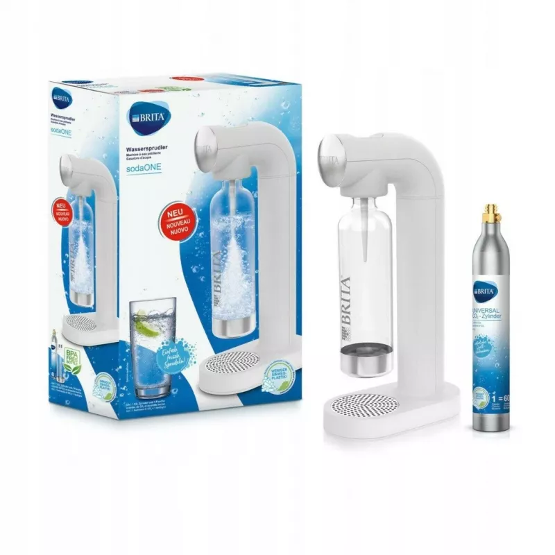 BRITA sodaONE gaseificador de água com garrafa PET de 1 L e cilindro de CO2, até 60 L por cilindro, branco