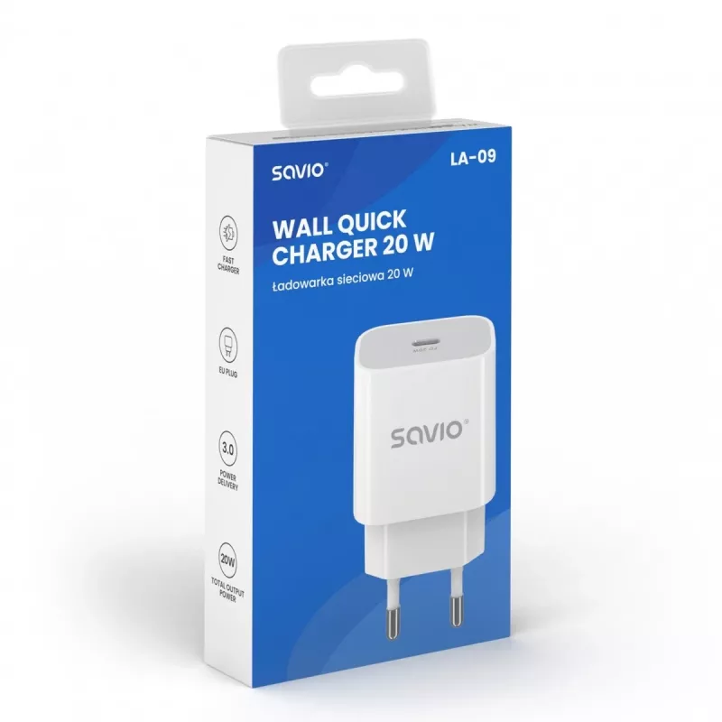 Carregador de parede 20W LA-09 USB-C QC, PD 3.0 Savio SAVLA-09