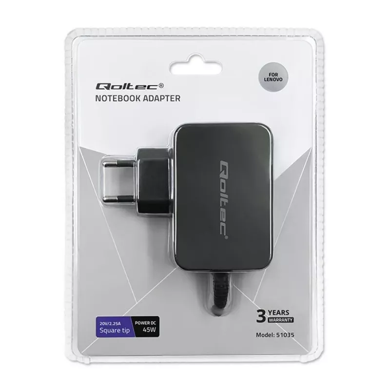 Qoltec 51035 adaptador de alimentação para Lenovo 45 W, 20 V 2,25 A, Slim tip+pin, para interior, preto