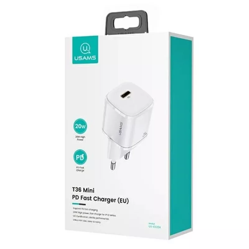 Carregador de parede USAMS T36 Mini USB-C, 20 W, PD 3.0, com cabo USB-C para Lightning de 1 m
