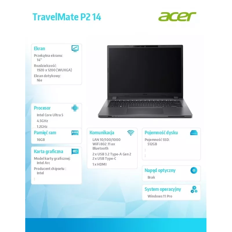 Portátil Acer TravelMate P2 TMP214-75-G3-TCO 14 inch WUXGA IPS, Intel Core Ultra 5 125H, 16GB RAM, 512GB SSD, leitor de impressões digitais, SmartCard, Windows 11 Pro, 3 anos assistência no local NBD