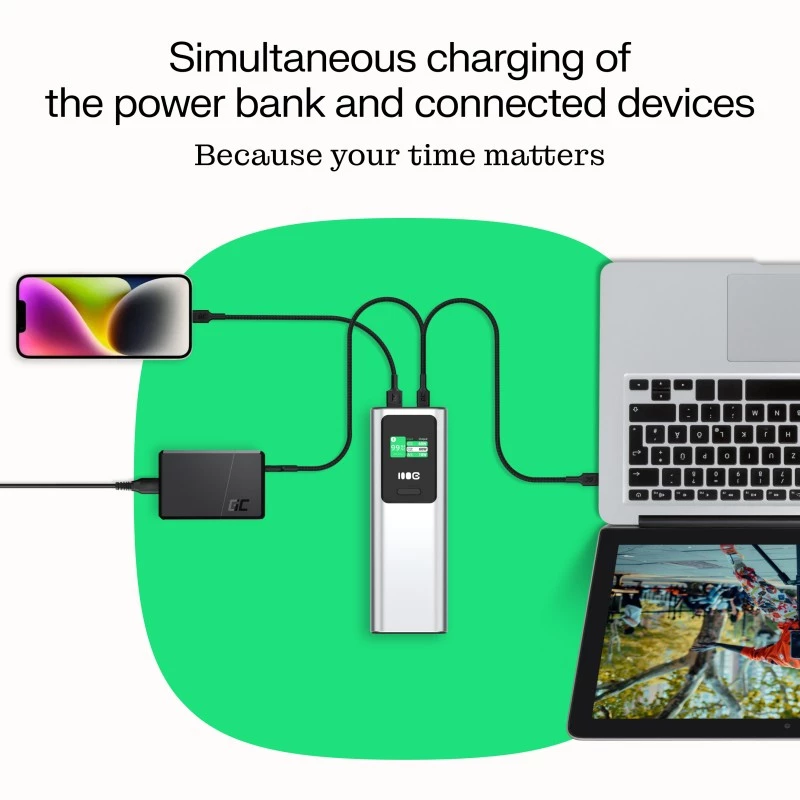 Bateria portátil Green Cell PBGC25UD, 25200 mAh, Li-Ion, 140 W de potência total, 2× USB-C + 1× USB-A, ecrã OLED, caixa em alumínio