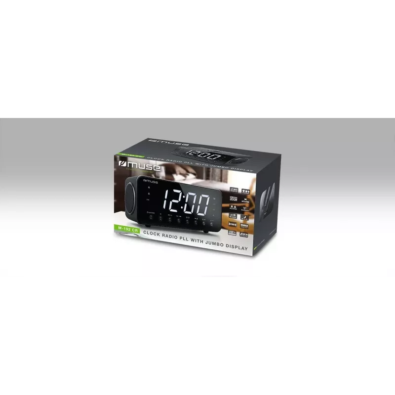 Rádio-despertador Muse M-192 CR — relógio digital, sintonizador FM, ecrã LED de 1,8 polegadas, madeira preta, AC 100–240V, backup AAA