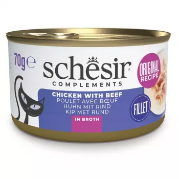Alimento húmido para gatos Agras Pet Foods SCHESIR Frango com Vaca em Caldo 70 g — Alimento complementar para gatos adultos, 87% humidade, 10% proteína