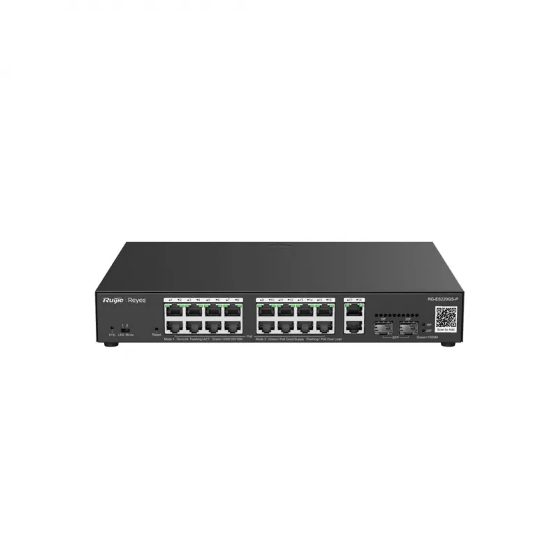 Ruijie Reyee RG-ES220GS-P switch PoE Gigabit L2 gerido, 20 portas (18x GE 10/100/1000, 16x PoE+, 2x SFP), 250 W, Cloud, preto