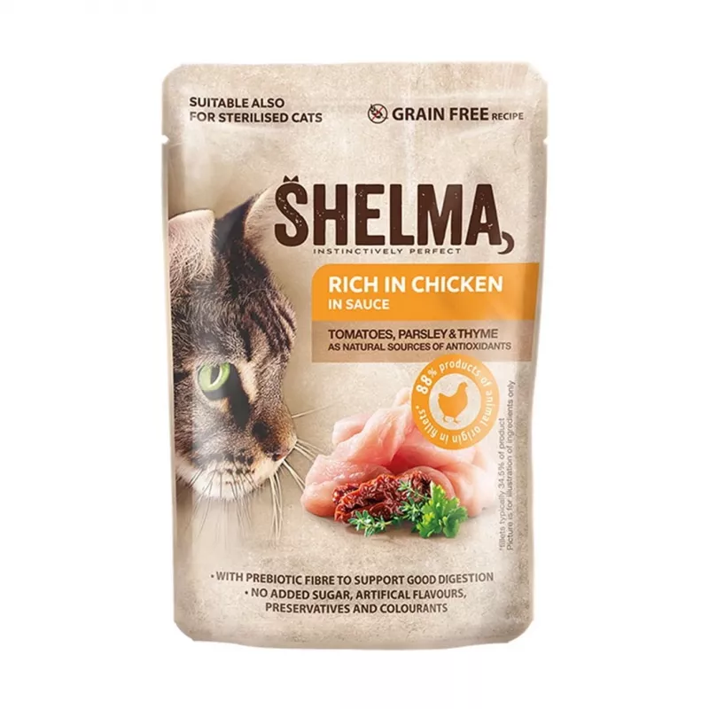Alimento húmido para gatos SHELMA multipack 4×85 g – alimento completo para gatos adultos, frango, peru, vaca, pato, sem cereais