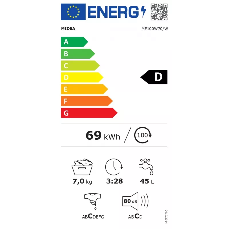 Máquina de lavar roupa de carga frontal Midea MF100W70/W — 7 kg, 1200 rpm, classe de eficiência energética D, 60 cm de largura