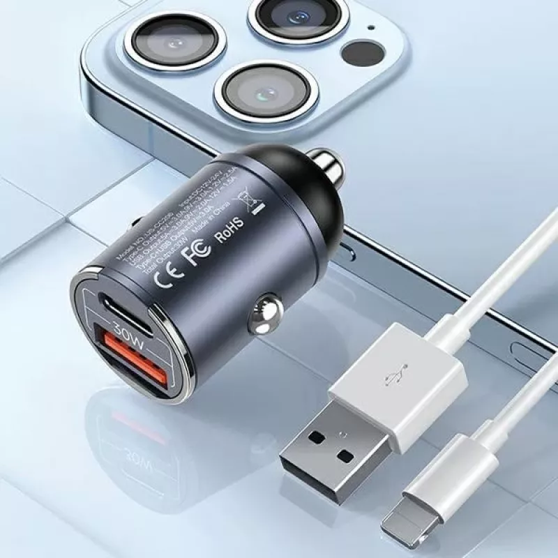 Carregador de automóvel usams C38 30W — 1x USB-A + 1x USB-C carregamento rápido