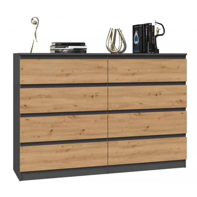 Cómoda Top e shop M8 140 ANT/ART — 8 gavetas, antracite/carvalho, 1380×400×970 mm, aglomerado