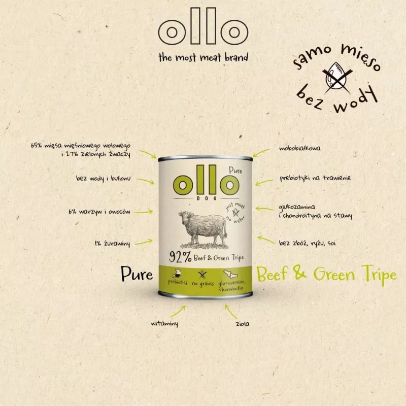 OLLO Pure Beef and Green Tripe comida húmida para cães, 400 g