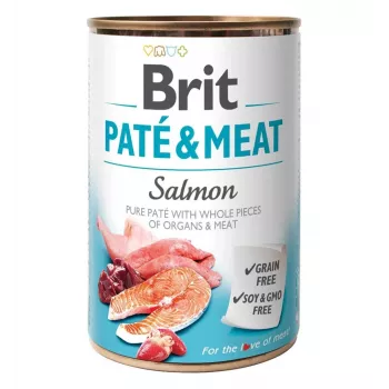 Comida húmida para cães Brit Paté & Meat com salmão 400 g – refeição completa em lata para cães adultos, 75 % de humidade, 11 % de proteína, 9 % de gordura