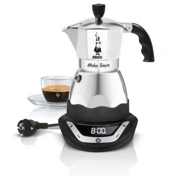 Cafeteira Moka elétrica BIALETTI 3 chávenas Moka Timer, ecrã LED programável, caixa de alumínio, reservatório da cafeteira