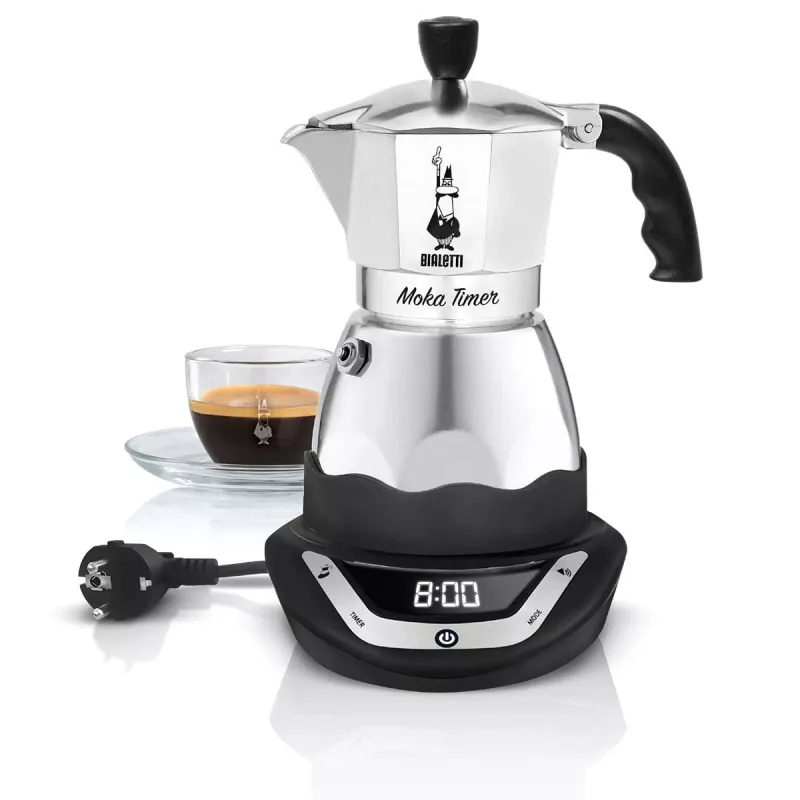 Cafeteira Moka elétrica BIALETTI 3 chávenas Moka Timer, ecrã LED programável, caixa de alumínio, reservatório da cafeteira