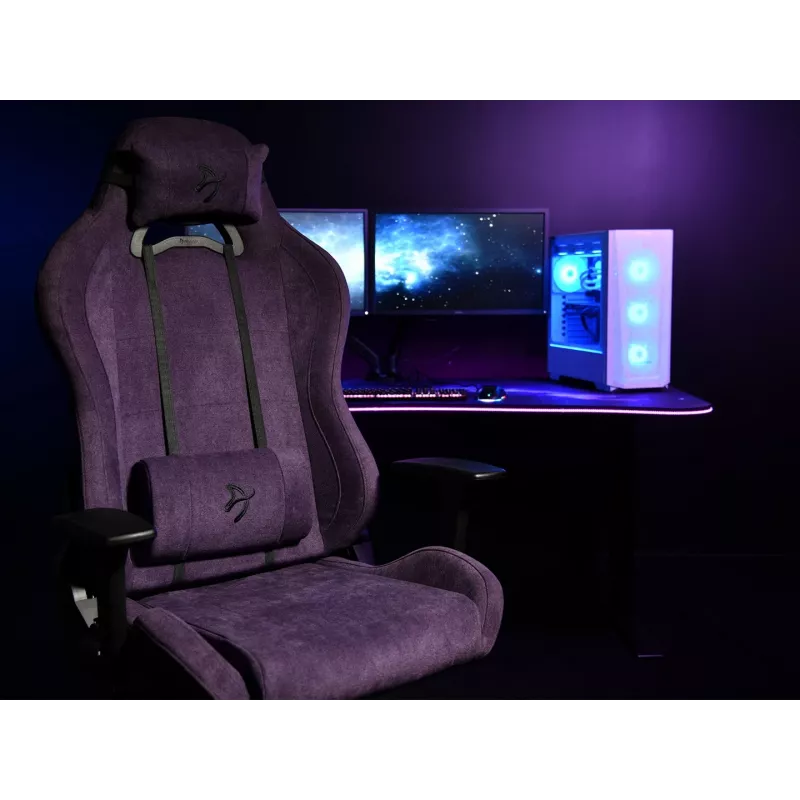 Cadeira gaming Arozzi Torretta SoftFabric roxa – design ergonómico, braços ajustáveis, encosto reclinável