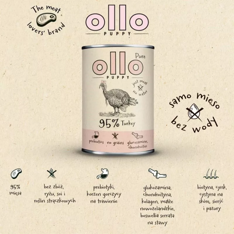 OLLO Puppy Pure Turkey - Comida húmida para cães - 850 g