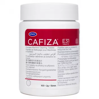 Pastilha de limpeza URNEX Cafiza E31 para máquinas de café, dispensador em tubo, 100 pastilhas, branco