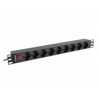 Unidade de distribuição de energia LANBERG PDU-09F-0300-BK — 9 tomadas Type-F, cabo de 3 m, caixa de alumínio, 10 A