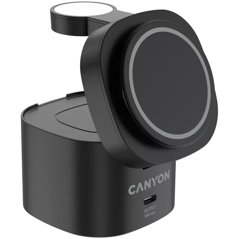 Suporte de carregamento sem fios 4-em-1 Canyon, 30W máx, tamanho: 70x70x70,3 mm, peso: 414 g, com carregador de 65W e cabo de 1 m, preto