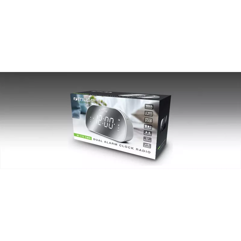 Rádio-relógio Muse M-170CMR — rádio-relógio digital, ecrã LED de 1,2 polegadas, FM, AC 230V, backup AAA, espelho/branco
