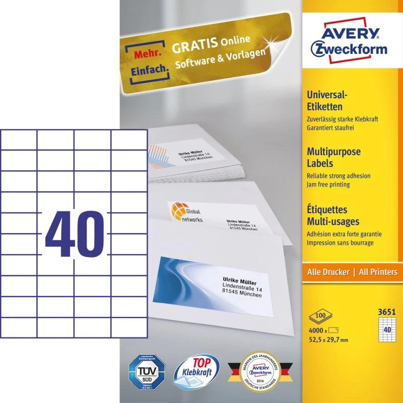 Avery Zweckform 3651 etiquetas universais 52,5 x 29,7 mm 100 folhas branco