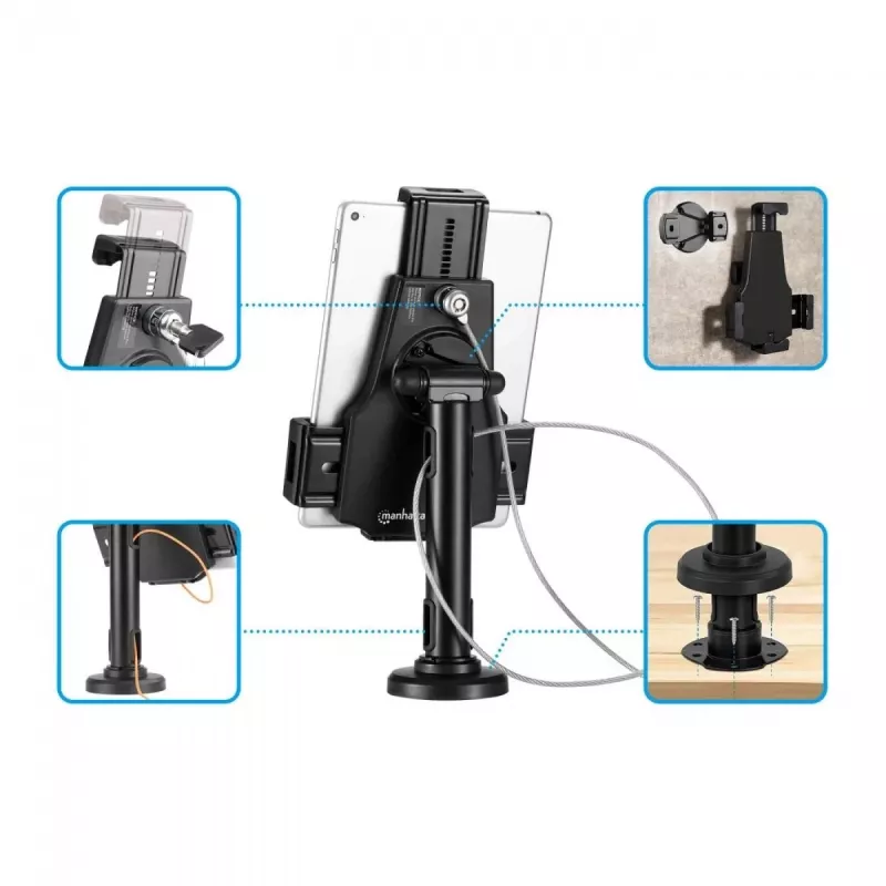 Suporte de mesa para iPad e tablet Manhattan, com fecho, montagem na parede, proteção antifurto segura, tablets de 7,9 polegadas a 10,5 polegadas, rotação 360°, inclinação +/- 70°, rotação 330°, preto, garantia vitalícia