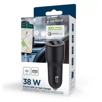 Carregador de automóvel para dispositivos móveis Gembird TA-UC-AC2PDQC38-CAR-01, USB-C, 38 W, 12-24 V, preto