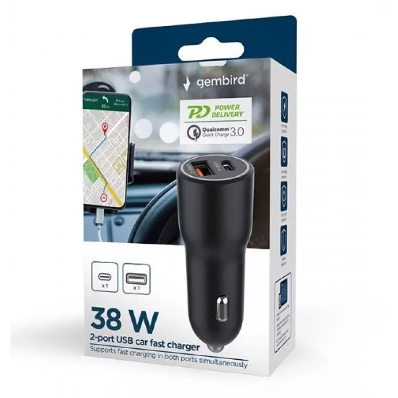 Carregador de automóvel para dispositivos móveis Gembird TA-UC-AC2PDQC38-CAR-01, USB-C, 38 W, 12-24 V, preto