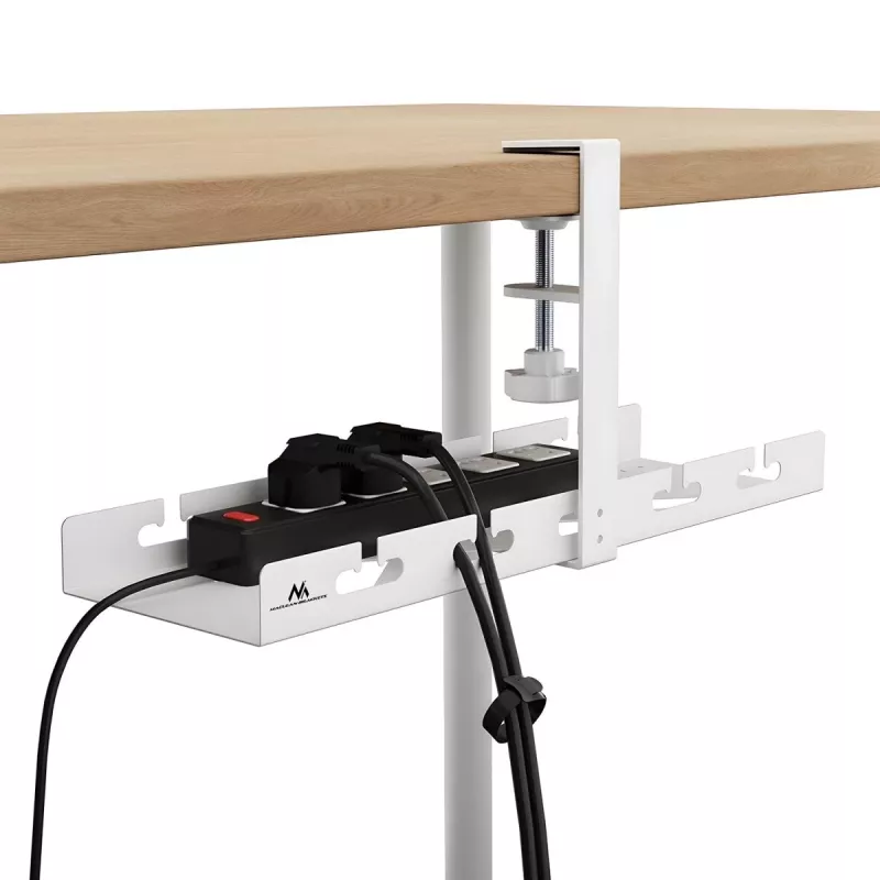 Organizador de cabos para secretária MACLEAN MC-105 W – aço, branco, carga máx. 5 kg, adequado para espessura de mesa 0,5–50 mm