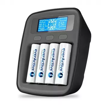 Carregador de baterias everActive NC1000MV2 – carregador Ni-MH 4 compartimentos USB-C, 4 células, 5V, preto, 110×99×38 mm