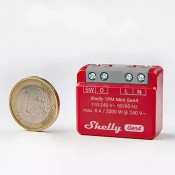 Interruptor inteligente Shelly 1PM Mini Gen4, sem fios 110–240 V AC, máx. 8 A / 2000 W, caixa de plástico 34×16×29 mm