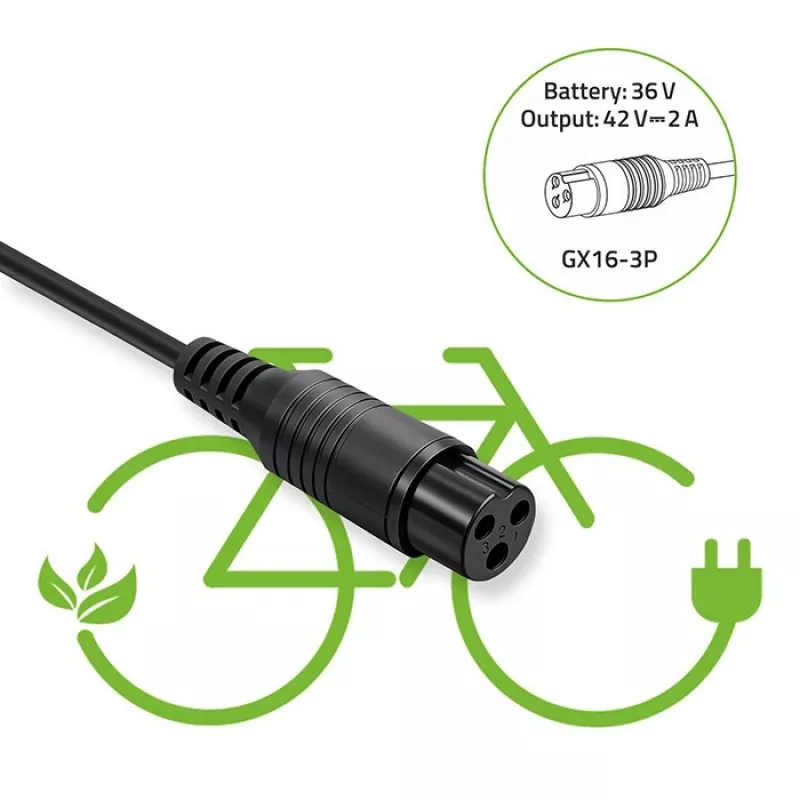 Carregador de bateria QOLTEC para bicicleta elétrica 36V 42V 2A 3P GX16