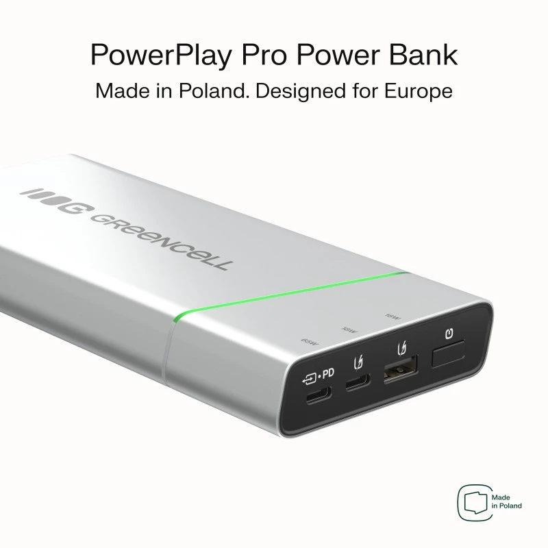 Bateria portátil Green Cell BPLGC20P 20800 mAh de iões de lítio, USB-C PD 65W, 2x USB-C + 1x USB-A, caixa em alumínio