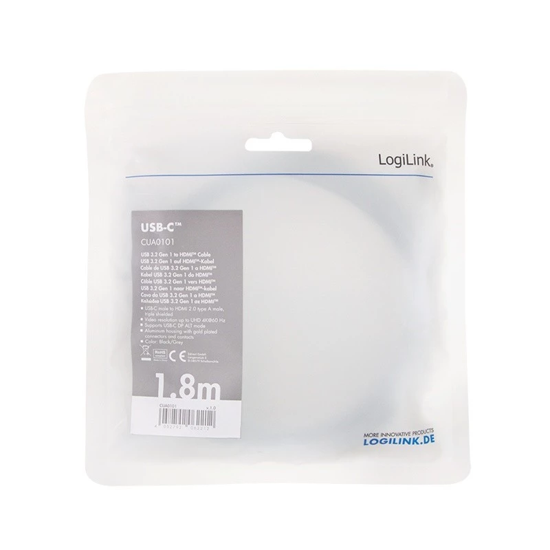 Cabo LogiLink CUA0101 USB 3.2 Gen1 Type-C para HDMI-A 1,8 m preto cinzento