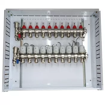 Distribuidor de piso radiante, 10 circuitos, com atuadores de termostato NC AC230V e caudalímetros
