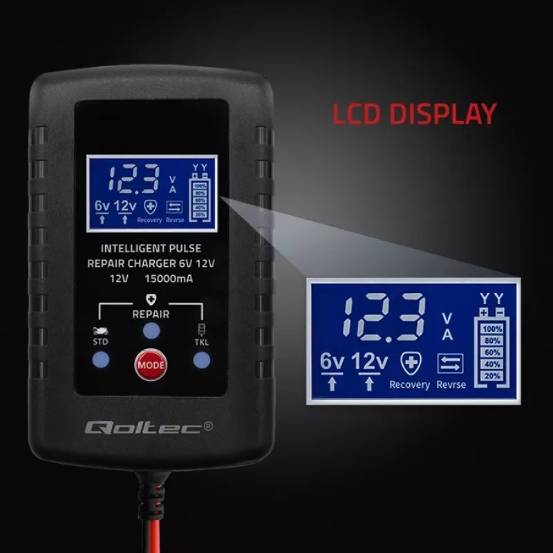 Carregador de baterias QOLTEC 52426 para baterias AGM/GEL/standard 6V/12V 2A com indicador LED