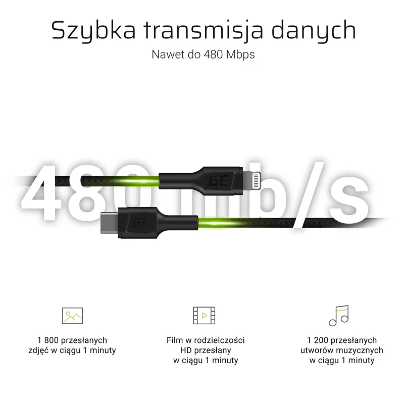 Green Cell PowerStream KABGC07 cabo USB-C para Lightning, 1 m, PD, Apple MFi, preto