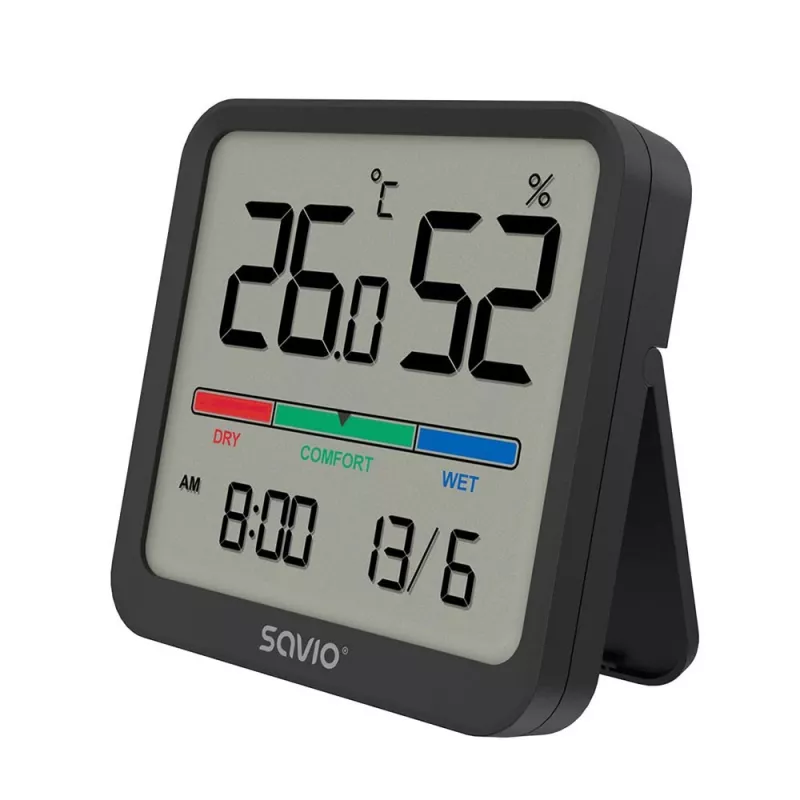 Savio CT-01/B sensor sem fios de temperatura e humidade para interior, LCD, relógio, data, suporte magnético, preto