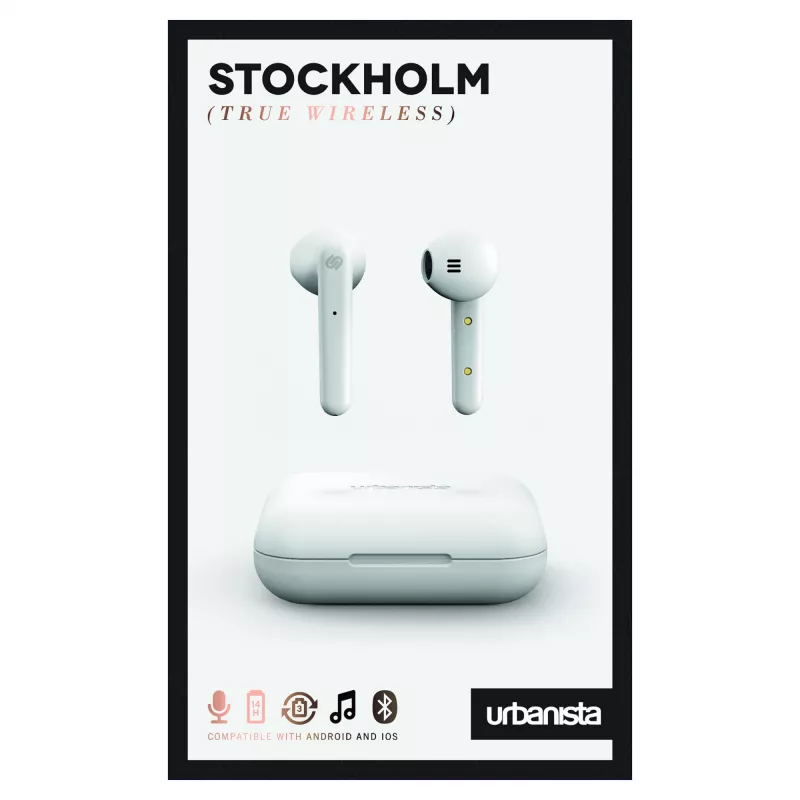 Headset URBANISTA Stockholm — headset Bluetooth in-ear sem fios para chamadas e música, alcance 10 m, branco