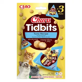 Snack de comida húmida para gatos INABA Cat Churu Tidbits receita de atum — 3 x 12 g saquetas