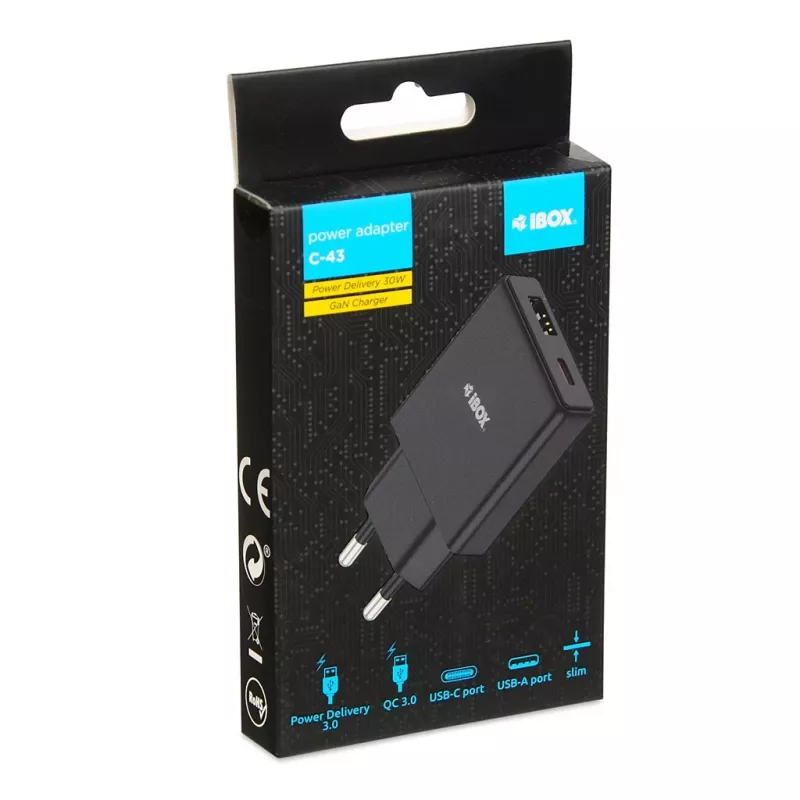 Carregador de parede iBOX C-43 Slim GaN PD30W, preto