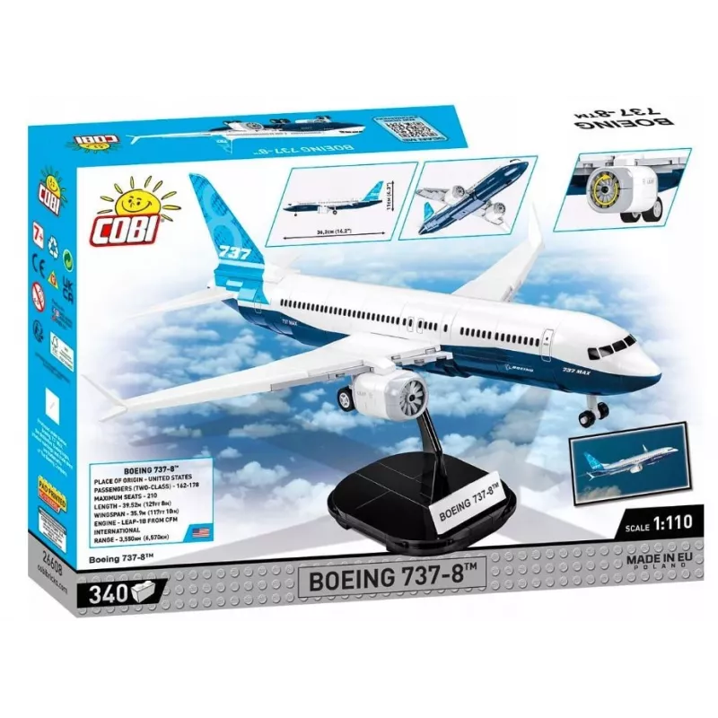 Conjunto de montagem Cobi Boeing 737-8 — 340 peças, idade recomendada 7+, azul e branco