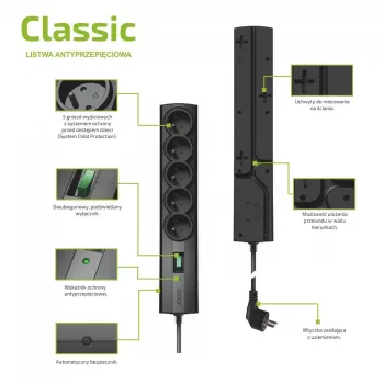 Régua de tomadas com proteção contra sobretensão EVER CLASSIC, 5 tomadas Type-E, 250 V, cabo de 1,5 m, 175 J, com interruptor