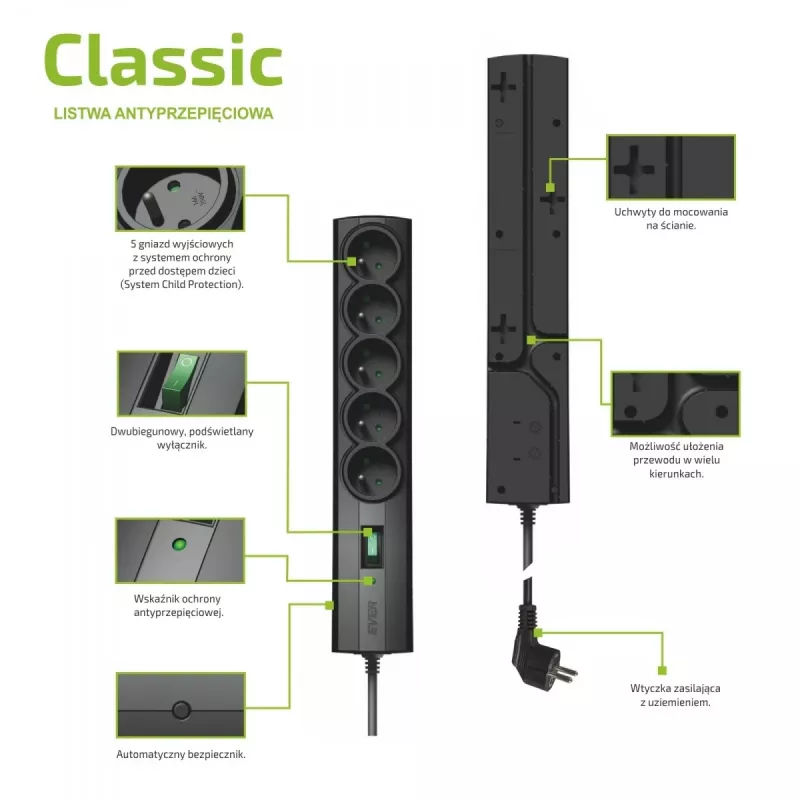 EVER CLASSIC T/LZ09-CLA015/0000 extensão com proteção contra sobretensões, 5 tomadas tipo E, 250 V, cabo de 1,5 m, com interruptor, proteção para crianças, preta