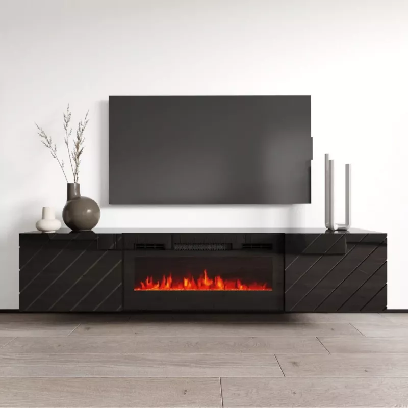 Móvel de TV cama meble LUXE 301126 com lareira elétrica integrada, 182,6×34,5×37,5 cm, preto brilhante