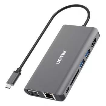 UNITEK uHUB O8+ Hub USB 3.2 Gen 1 Type-C com fio, Cinzento, 100W Power Delivery