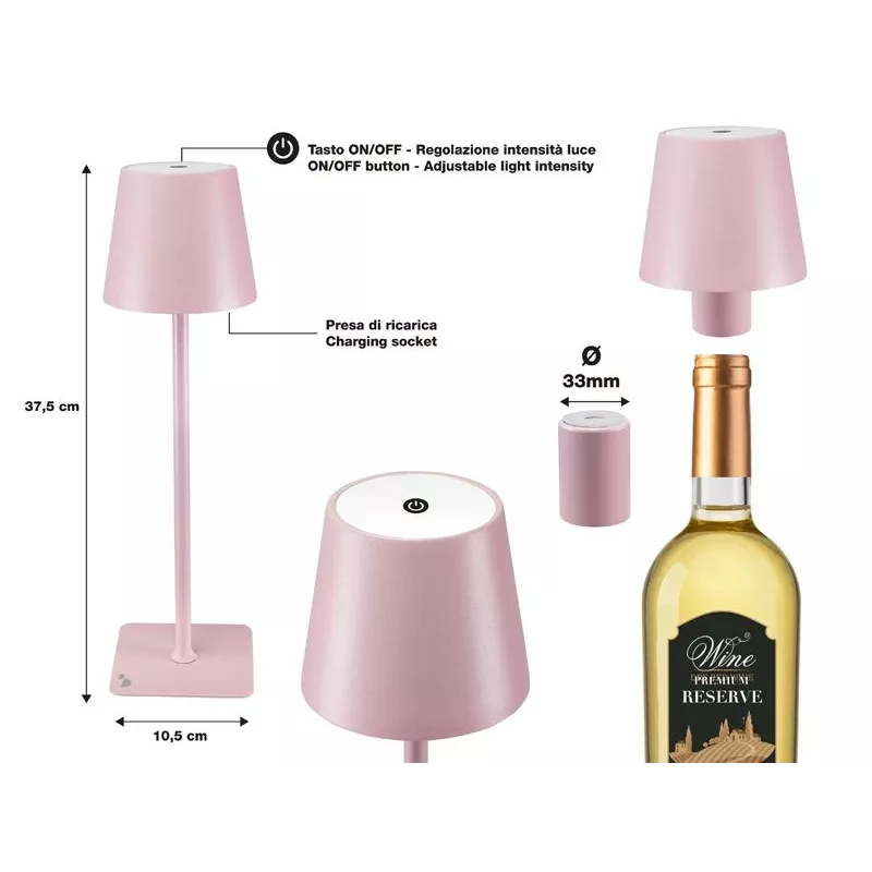Beper P201UTP125 candeeiro de mesa LED recarregável, tátil, regulável, IPX4, rosa